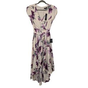 LULUS Short Sleeve Faux Wrap Dress Purple Roses Floral Print Womens Size Medium